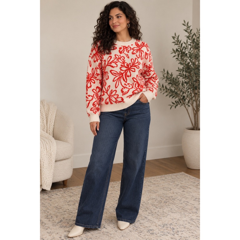 Tahari Women's L Floral Jacquard Sweater Red Ivory Crewneck Long Sleeve